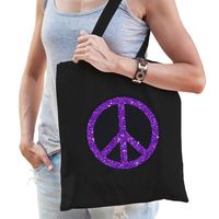 Flower Power katoenen tas met peace teken zwart met paarse glitters voor volwassenen - thumbnail