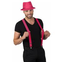 Carnaval verkleedset Partyman - glitter hoedje en bretels - fuchsia roze - heren - verkleedkleding - thumbnail