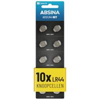 ABSINA AG13 LR44 knoopcellen, verpakking van 10 stuks, 1,5 V alkaline knoopcellen, lekvrij en met lange houdbaarheid, LR1154, L1154, L1154F, G13, G13A, 13GA / 157, V13GA / PX76A, RW82,