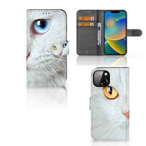 Apple iPhone 14 Telefoonhoesje met Pasjes Witte Kat