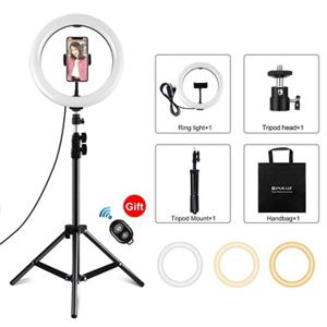 PULUZ PKT3069B 1.1m statiefbevestiging + 10.2 26cm dimbare dubbele kleurtemperatuur USB LED Ringverlichting Selfie Fotografie Video Invullicht met telefoonklem & Selfie afstandsbediening