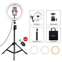 PULUZ PKT3069B 1.1m statiefbevestiging + 10.2 26cm dimbare dubbele kleurtemperatuur USB LED Ringverlichting Selfie Fotografie Video Invullicht met telefoonklem & Selfie afstandsbediening - thumbnail