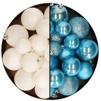 Kerstballen 60x stuks - mix wol wit/ijsblauw - 4-5-6 cm - kunststof - thumbnail