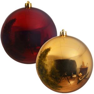 Kerstversieringen set van 6x grote kunststof kerstballen rood en goud 14 cm glans