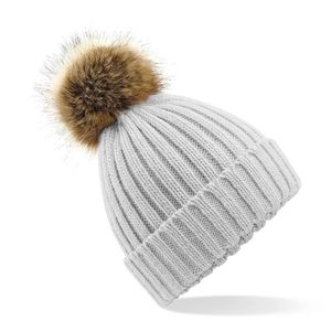 Warme winter muts lichtgrijs met bruine pompon voor dames/heren/volwassenen   -