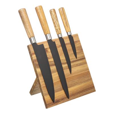 Messenset met Magnetisch Messenblok - Messenset 4-delig - Staal - Acaciahout - Naturel - Zwart - Houten Handgreep - Koksmessen - 21,2x13,5x30cm