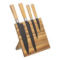 Messenset met Magnetisch Messenblok - Messenset 4-delig - Staal - Acaciahout - Naturel - Zwart - Houten Handgreep - Koksmessen - 21,2x13,5x30cm
