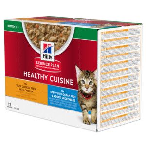 Hill&apos;s Healthy Cuisine Kitten stoofpotje met kip & groenten, met zeevis & groenten multipack 1 doos (12 x 80 g)