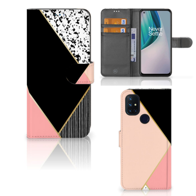 OnePlus Nord N10 Book Case Zwart Roze Vormen OnePlus Nord N10 Book Case Zwart Roze Vormen