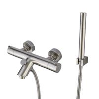 Badkraan Megan 15cm Hartafstand Thermostatisch Opbouw Rond RVS Geborsteld 2 Greeps Onderuitloop met Handdouche Set