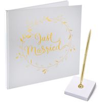 Gastenboek/receptieboek met luxe pen in houder - Bruiloft - goud/wit - 24 x 24 cm