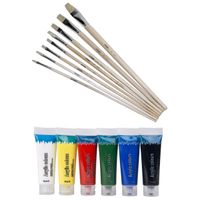 Set van 6 tubes acryl/hobby verf met 8 schilder penselen