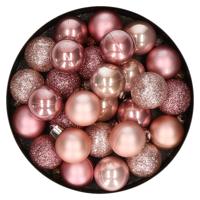 Kleine kerstballen - 28x st - roze/lichtroze - D3 cm - kunststof - kerstversiering