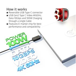 CLUB3D USB Type-C Gen 2 actieve kabel - 4K60Hz, 10Gbps(data) Opladen op 100W M/V 1 m ook geschikt voor Apple Macs