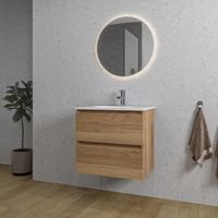 Adema Chaci Badkamermeubelset - 60x46x57cm - 1 ovale keramische wasbak wit - 1 kraangat - 2 lades - ronde spiegel met verlichting - kaneel SW718700/SW718716/SW108325