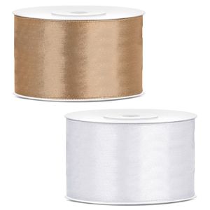 Sierlinten/cadeaulinten/satijnen linten - Set 2x stuks - goud en wit - 38 mm x 25 meter