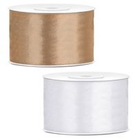 Sierlinten/cadeaulinten/satijnen linten - Set 2x stuks - goud en wit - 38 mm x 25 meter - thumbnail