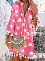 Rose Red Boho Holiday Floral Printed Tassel V Neck 3/4 Sleeve Weaving Dress