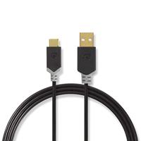 Nedis CCBW60601AT20 USB-kabel, USB 2.0, USB-A-stekker, USB-C-stekker, 480 Mbps, verguld, 2,00 m, rond, PVC, antraciet, doos