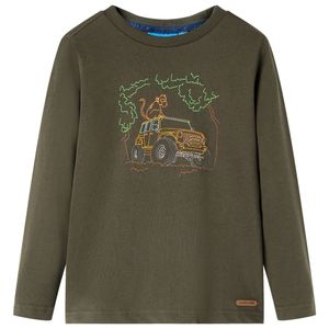 Kindershirt met lange mouwen terreinwagenprint 140 kakikleurig