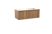 Balmani Forma zwevend badmeubel 120 x 55 cm teakhout met Tablo Stretto asymmetrisch rechtse wastafel in solid surface mat wit, Verticale symmetrische rechte ribbel