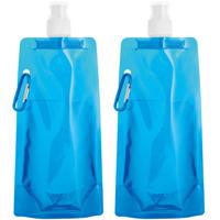 Waterfles/drinkfles opvouwbaar - 2x - blauw - kunststof - 460 ml - schroefdop - waterzak