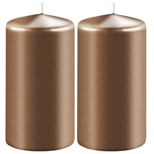 2x Metallic koperen cilinderkaarsen/stompkaarsen 6 x 15 cm 58 branduren