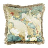 Fluwelen Kussen met Witte Kraanvogels en Gouden Franjes (45 x 45 cm)