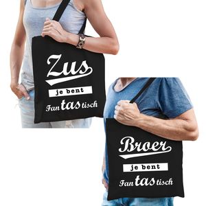 Zus en Broer je bent fanTAStisch tasje zwart - Cadeau tassen set voor Broer en Zus