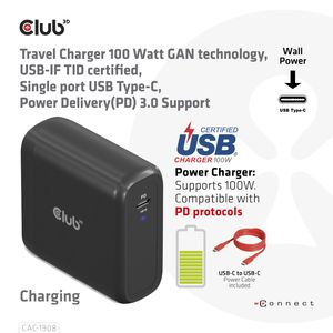 CLUB3D Travel Charger 100 Watt GAN technology, USB-IF TID certified, Single port USB Type-C, Power Delivery(PD) 3.0 Support