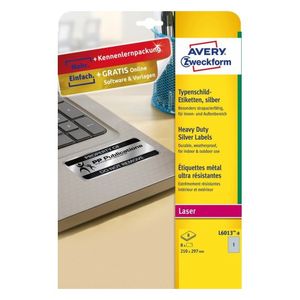 Avery-Zweckform L6013-8 Etiketten voor typeplaatjes 210 x 297 mm Polyester folie Zilver 8 stuk(s) Permanent hechtend Laser (zwart/wit), Kopiëren (zwart/wit),