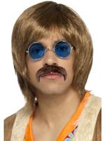 Smiffys Jaren 60-delige hippie zangerset, pruik, snor en bril, één maat, bruin, 45169