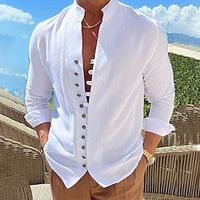 Voor heren linnen overhemd Overhemd Overhemd met knopen Normaal shirt Zomer overhemd Zwart Wit Blozend Roze Lange mouw Effen Band Kraag Zomer Lente Herfst Dagelijks Vakantie Kleding Lightinthebox