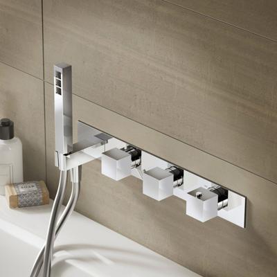 Badkraan Hotbath Bloke Inbouw Thermostatisch Vierkant Geborsteld Nikkel 3 Greeps met Handdoucheset