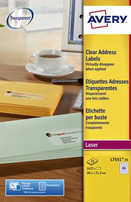 Etiket avery l7551-25 38.1 x 21.1 mm transp 1625 st Etiket avery l7551-25 38.1 x 21.1 mm transp 1625 st