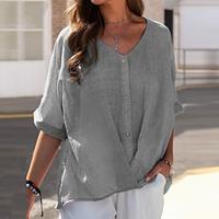 Dames Overhemd Blouse Katoen linnen nappi Dagelijks Casual Korte mouw V-hals Blozend Roze Zomer Lightinthebox - thumbnail