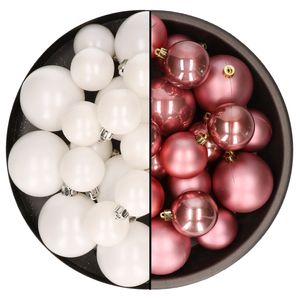 Kerstversiering kunststof kerstballen mix oud roze/winter wit 4-6-8 cm pakket van 68x stuks