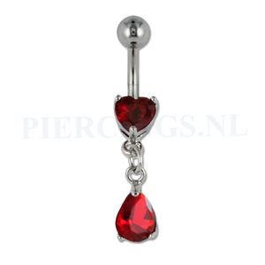 Navelpiercing hart hangend kristal rood