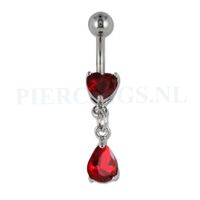 Navelpiercing hart hangend kristal rood - thumbnail