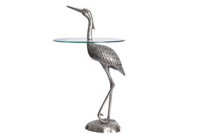 Ronde bijzettafel WILDLIFE HERON 90cm zilveren metalen glazen reigersculptuur handgemaakt - 43514