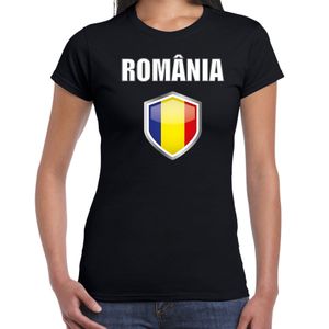 Roemenie landen supporter t-shirt met Roemeense vlag schild zwart dames