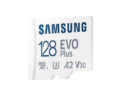 Samsung EVO Plus SDXC-kaart 128 GB Class 10, Class 10 UHS-I, UHS-I, v30 Video Speed Class A2-vermogensstandaard, Incl. SD-adapter, Schokbestendig