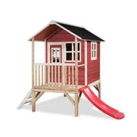 EXIT Toys Loft 300 Houten Speelhuis voor Buiten met Glijbaan - Tuinhuis van Hout voor Kinderen met Waterdicht Dak - Eenvoudige Montage - 100% FSC Cederhout - 269x190x215cm - Rood