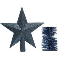 Kerstversiering kunststof glitter ster piek 19 cm en folieslingers pakket donkerblauw van 3x stuks - thumbnail