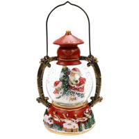 Snowglobe glitter lantaarn - rood - kerst scene - D10 x H21 cm - met licht en muziek