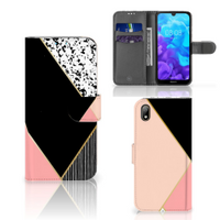 Huawei Y5 (2019) Book Case Zwart Roze Vormen - thumbnail