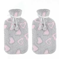 Warmwaterkruiken 2 liter met zachte fleece hoes lichtgrijs/hartjes 2x stuks