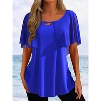 Dames Overhemd Blouse Geklede topjes Ruche Casual Basic Neon en helder Korte mouw Ronde hals Zwart Lightinthebox - thumbnail