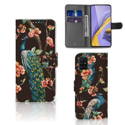 Samsung Galaxy A51 Telefoonhoesje met Pasjes Pauw met Bloemen Samsung Galaxy A51 Telefoonhoesje met Pasjes Pauw met Bloemen