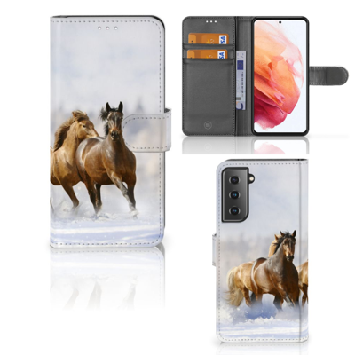 Samsung Galaxy S21 Telefoonhoesje met Pasjes Paarden Samsung Galaxy S21 Telefoonhoesje met Pasjes Paarden